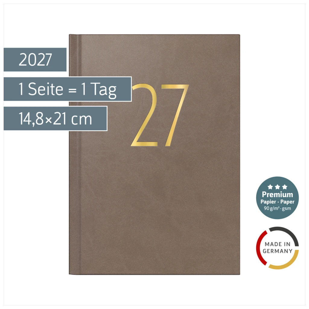 Buchkalender Premium Young Line 2027 „Browny“ | A5, Kunstleder