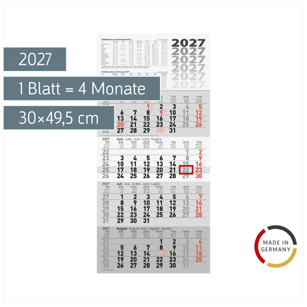4-Monatskalender 2027 | grau, 30×63 cm