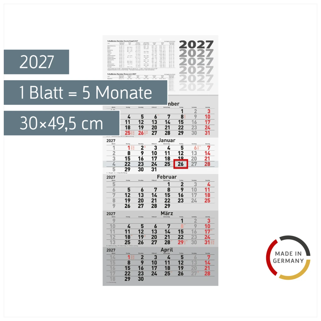 5-Monatskalender 2027 | grau, 30×63 cm
