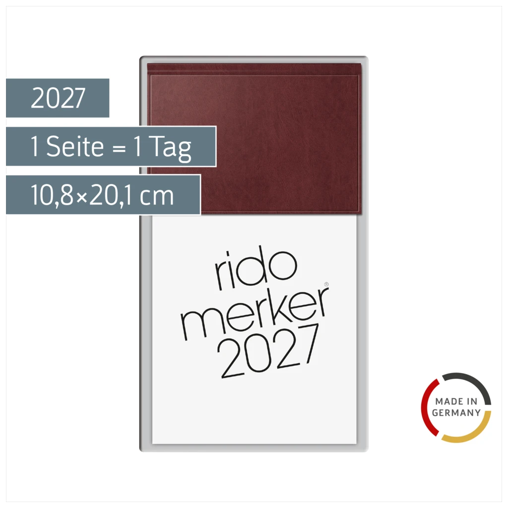 Vormerkbuch Mod. Merker 2027 | 10,8×20,1 cm, Kunststoff, dunkelrot
