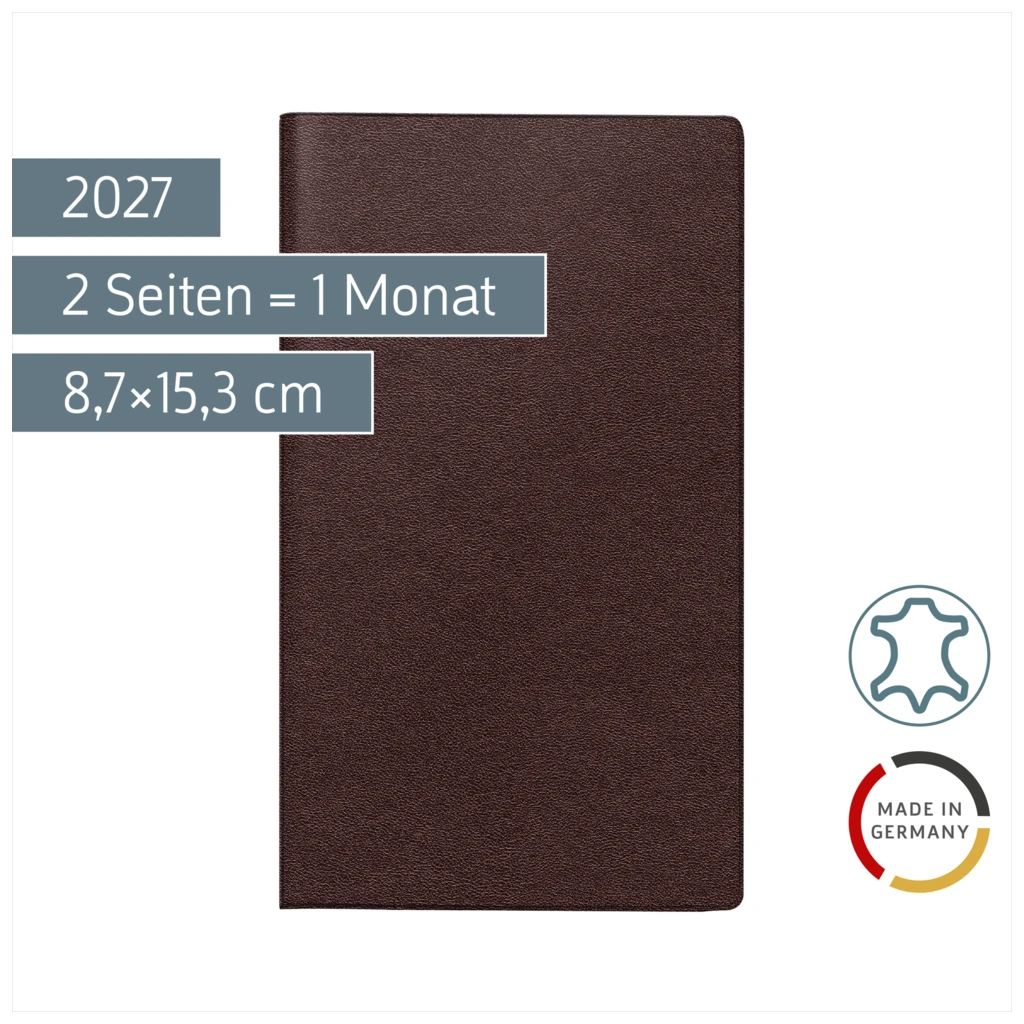 Taschenkalender Mod. Miniplaner d 15 2027 | A6, Leder, weinrot