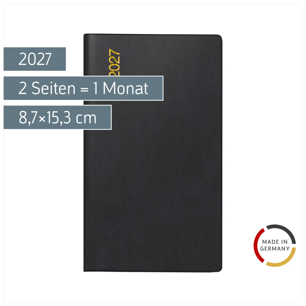 Taschenkalender Mod. Miniplaner d 15 2027 | A6, Kunststoff, schwarz