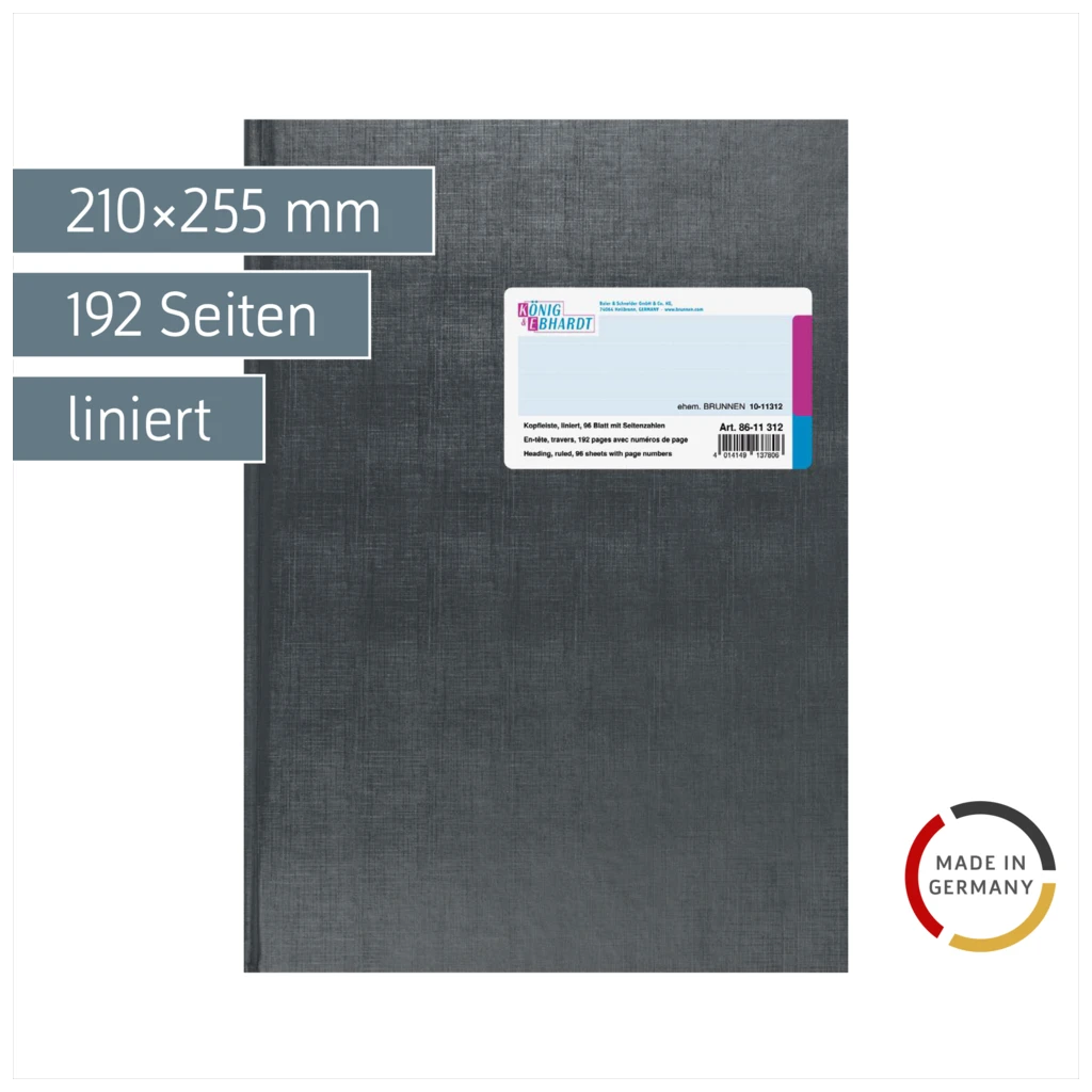 Geschäftsbuch mit Kopfleiste | A4, 192 Seiten, mit Seitenzahlen, liniert, Kunststoff, grau