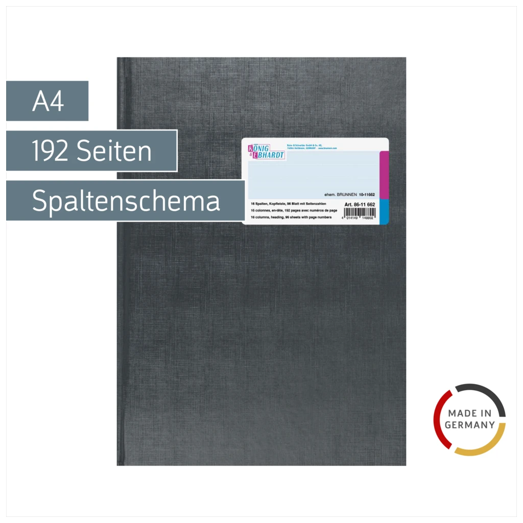Spaltenbuch mit Kopfleiste | A4, 192 Seiten, mit Seitenzahlen, 16 Spalten, Kunststoff, grau