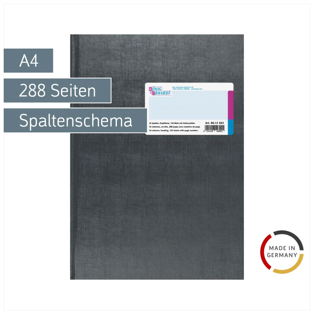 Spaltenbuch mit Kopfleiste | A4, 288 Seiten, mit Seitenzahlen, 16 Spalten, Kunststoff, grau