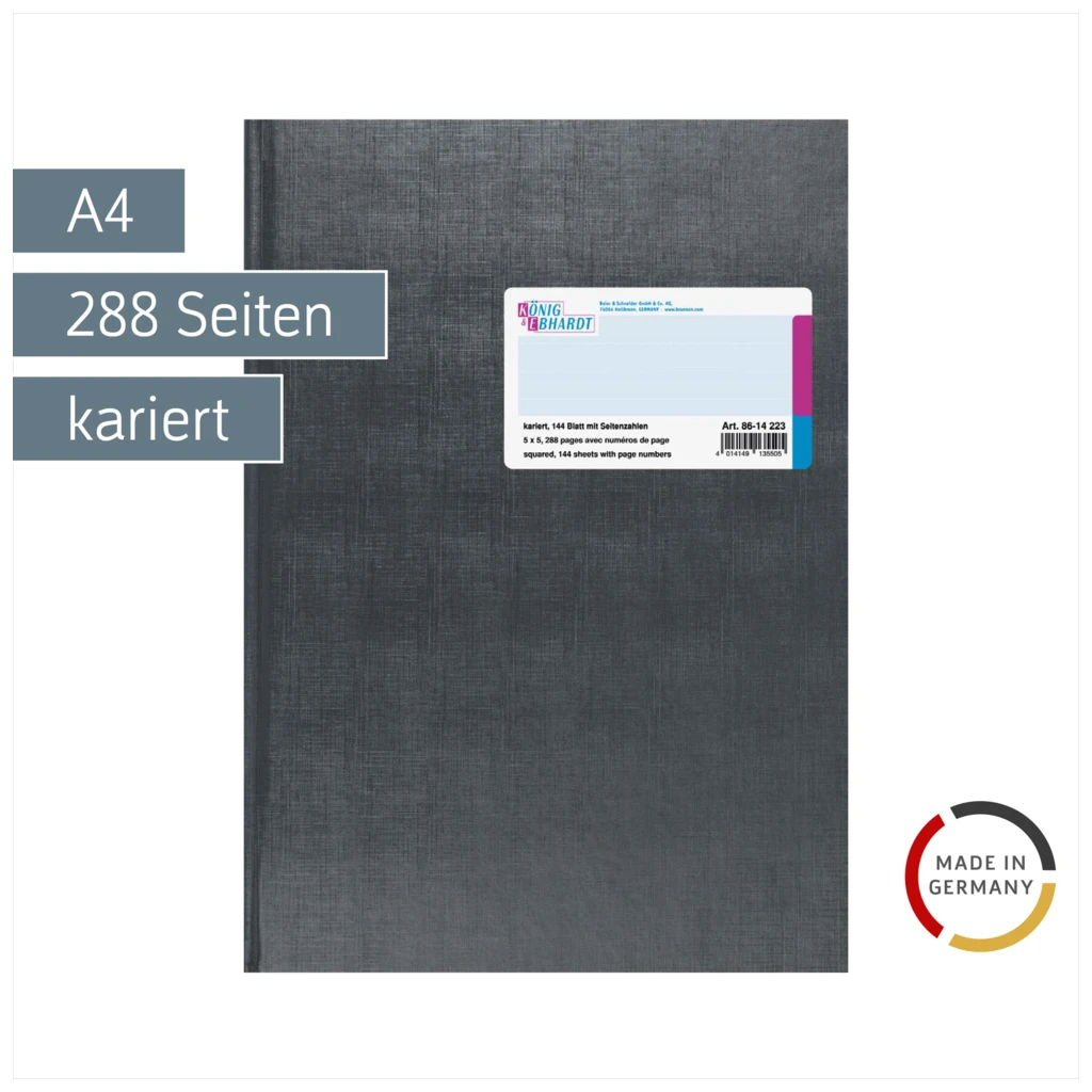 Geschäftsbuch | A4, 288 Seiten, mit Seitenzahlen, kariert, Kunststoff, grau